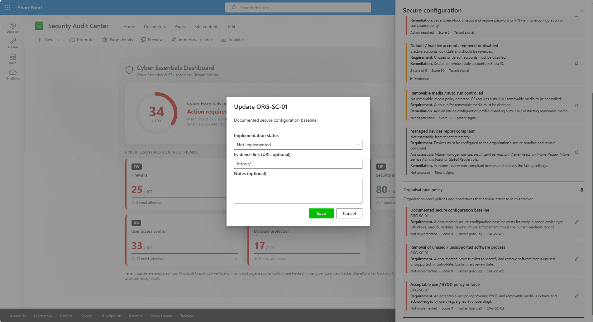 Modal dialog titled 'Update ORG-SC-01' over the dashboard, with fields for documented secure configuration baseline implementation status, evidence URL, notes, and Save / Cancel buttons.
