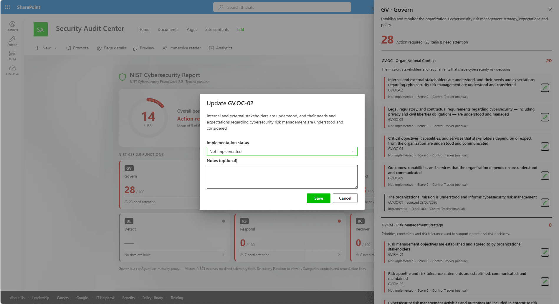 Modal dialog titled 'Update GV.OC-02' over the dashboard, with fields for implementation status (Not implemented selected), notes, and Save / Cancel buttons — the in-web-part editor for the SharePoint Control Tracker list.